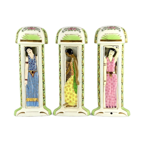 1274 - Three Limoges for Maison Duchaussy Art Deco ceramic 'Three Continents' perfume burners, 42cms high o... 