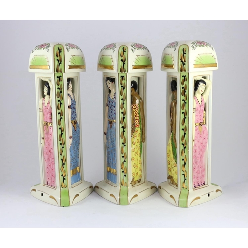 1274 - Three Limoges for Maison Duchaussy Art Deco ceramic 'Three Continents' perfume burners, 42cms high o... 