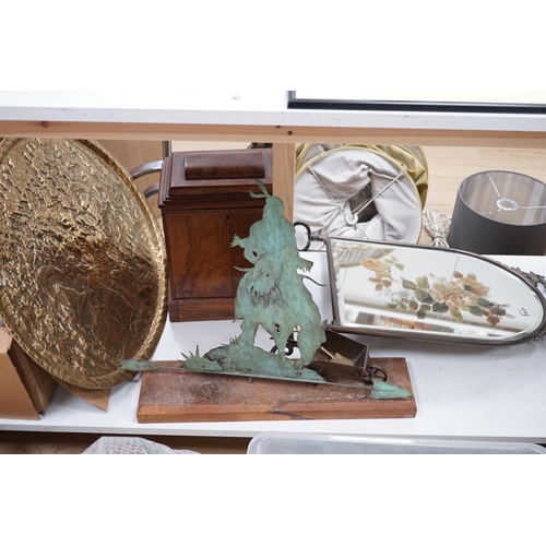 1276 - A childs chair, cabinet, a brass tray and sculptural weather vane