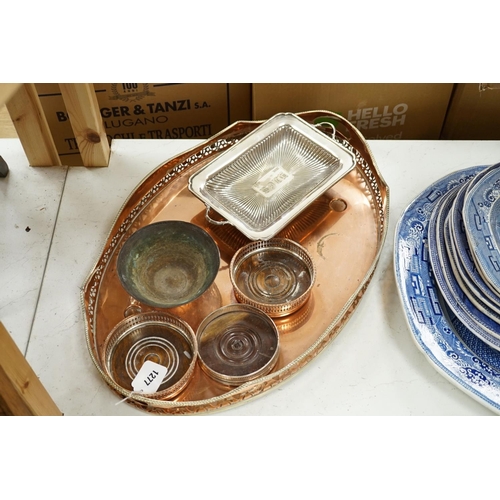 1277 - Three copper coasters, an oval tray plated bowl and entree dish,