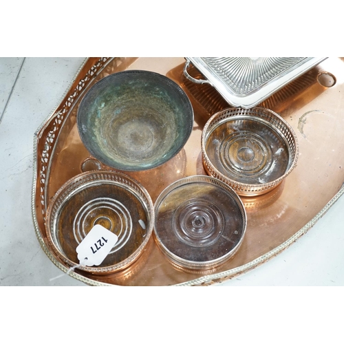 1277 - Three copper coasters, an oval tray plated bowl and entree dish,