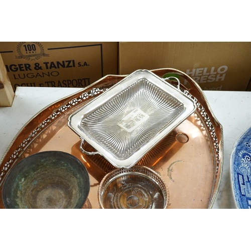 1277 - Three copper coasters, an oval tray plated bowl and entree dish,