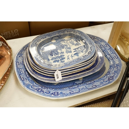 1278 - A 19th century transfer-printed large blue and white platter and seven similar smaller platters (8),... 