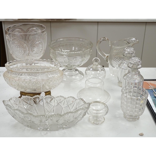 1289 - An early 20th century oval cut glass bowl on gilt metal stand, a pair of slice cut decanters and sto... 