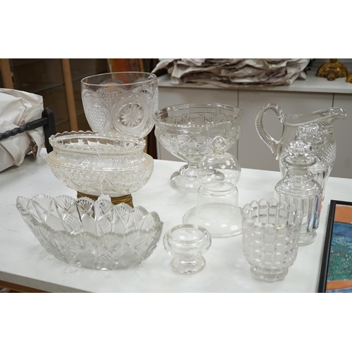 1289 - An early 20th century oval cut glass bowl on gilt metal stand, a pair of slice cut decanters and sto... 