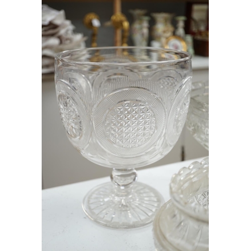 1289 - An early 20th century oval cut glass bowl on gilt metal stand, a pair of slice cut decanters and sto... 