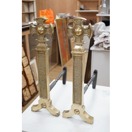 1290 - A pair of 18th century style brass and cast iron fire dogs, 54cms high