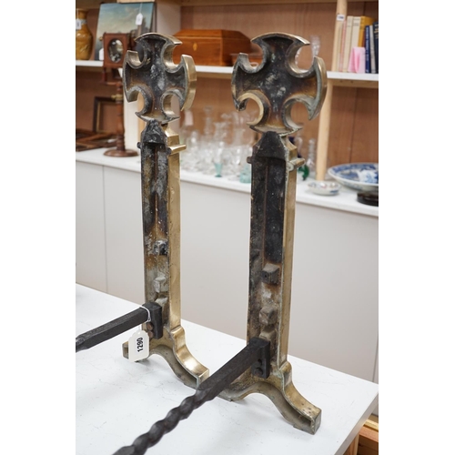 1290 - A pair of 18th century style brass and cast iron fire dogs, 54cms high