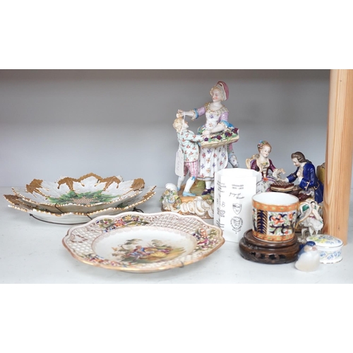 1293 - Two Meissen leaf dishes, a Dresden plate, two group figures and mixed ceramics, tallest 25cms high... 