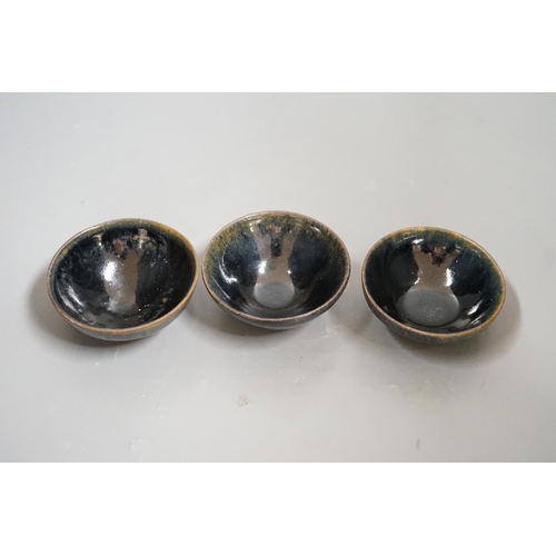 1295 - Three Chinese Jian type hare's fur bowls, 9cms diameter