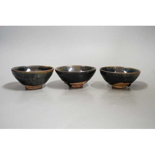 1295 - Three Chinese Jian type hare's fur bowls, 9cms diameter