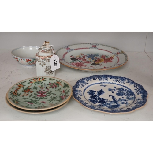 1296 - A Chinese famille rose plate, pair of celadon dishes, tea canister, etc. (6), largest plate 28.5cms ... 