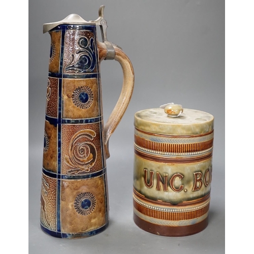 1297 - A Royal Doulton stoneware UNC. BORIC. drug jar 18cm and a Doulton Slaters patent flagon, 33cm... 