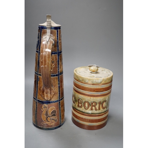 1297 - A Royal Doulton stoneware UNC. BORIC. drug jar 18cm and a Doulton Slaters patent flagon, 33cm... 