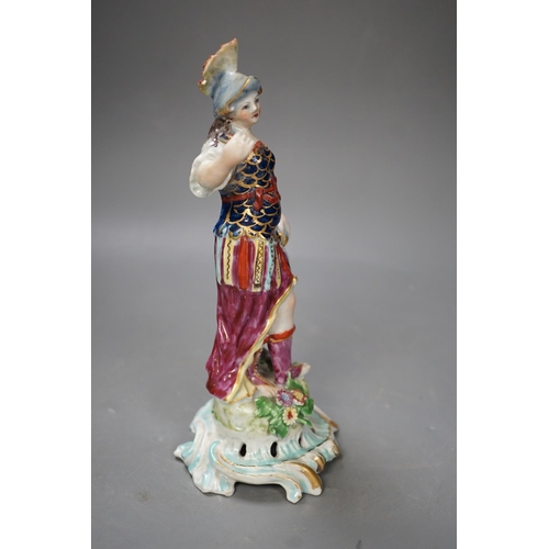 1299 - An 18th century Bow porcelain figure of Minerva, iron red dagger and anchor mark, 21cm tall