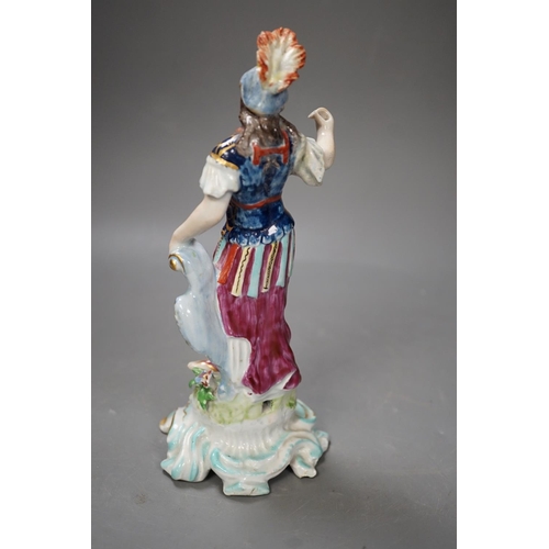 1299 - An 18th century Bow porcelain figure of Minerva, iron red dagger and anchor mark, 21cm tall