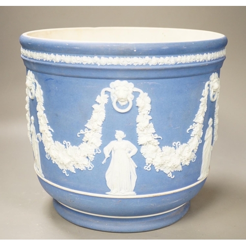 1300 - A Wedgwood blue jasper jardiniere, sprigged with muses and swags, height 23cm