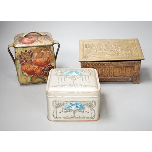 1302 - A Jacobs embossed coffer shaped biscuit tin, 16cm wide, a Pomegranate design tin after Moorcroft and... 