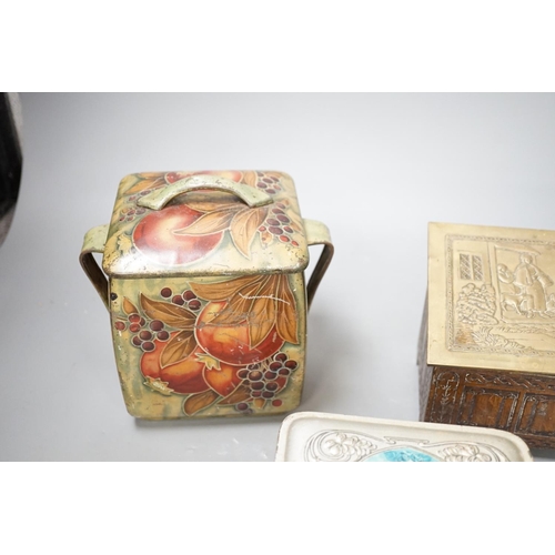 1302 - A Jacobs embossed coffer shaped biscuit tin, 16cm wide, a Pomegranate design tin after Moorcroft and... 