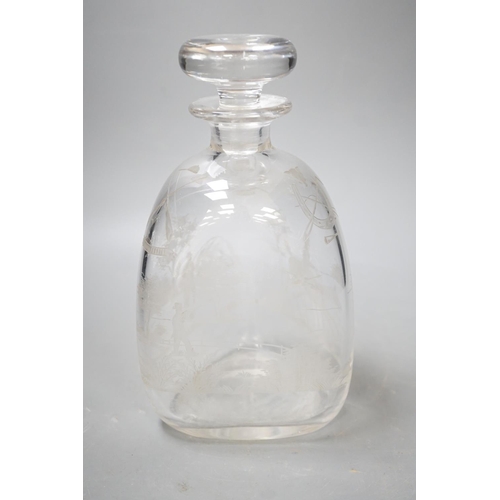 1303 - Hunting interest - A Victorian wheel engraved triangular glass decanter, and stopper. 22cm tall... 