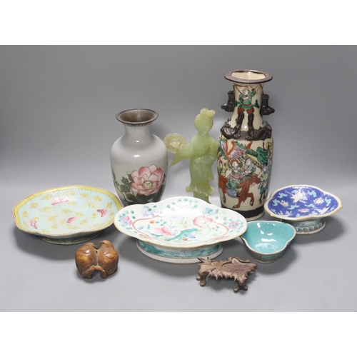 1305 - A group of 19th century Chinese porcelain dishes and a vase,  and a Japanese bird carving etc.... 