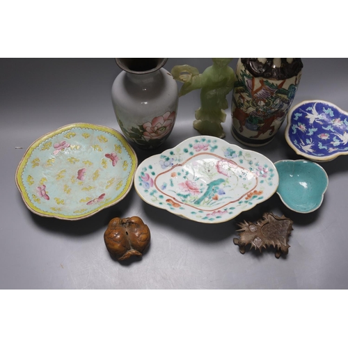 1305 - A group of 19th century Chinese porcelain dishes and a vase,  and a Japanese bird carving etc.... 