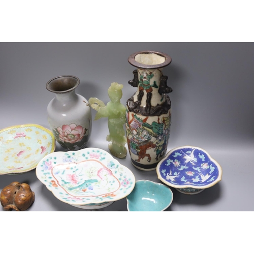 1305 - A group of 19th century Chinese porcelain dishes and a vase,  and a Japanese bird carving etc.... 