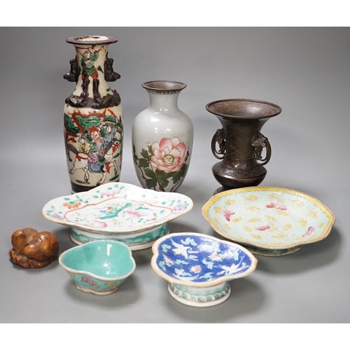 1305 - A group of 19th century Chinese porcelain dishes and a vase,  and a Japanese bird carving etc.... 