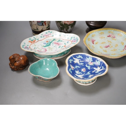 1305 - A group of 19th century Chinese porcelain dishes and a vase,  and a Japanese bird carving etc.... 