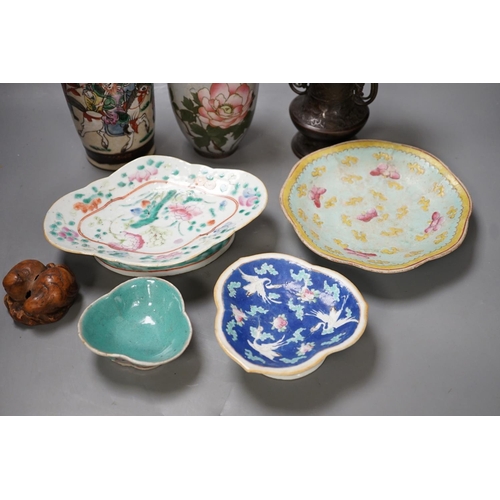 1305 - A group of 19th century Chinese porcelain dishes and a vase,  and a Japanese bird carving etc.... 