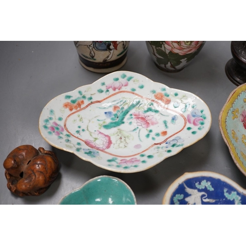 1305 - A group of 19th century Chinese porcelain dishes and a vase,  and a Japanese bird carving etc.... 