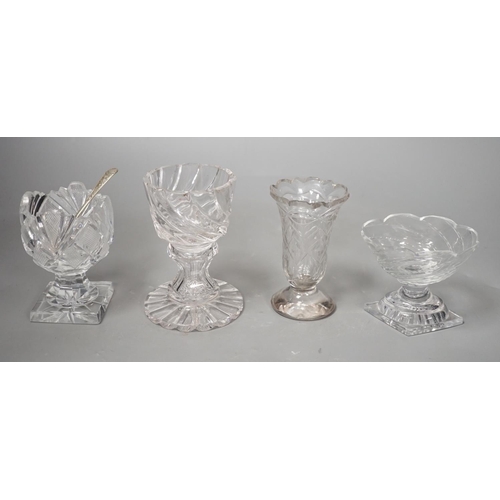 1309 - A set of twelve Victorian square base cut glass salts and four other 19th century clear glass salts.... 