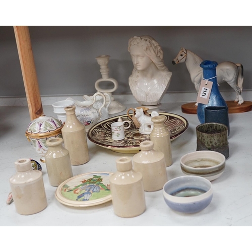 1314 - Mixed ceramics to include Copeland Parian Ophelia (a.f.) studio pottery, storage bottles, also to in... 