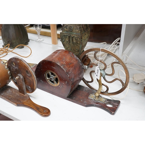 1317 - Two 19th century brass mechanical wheel bellows, length 70cm