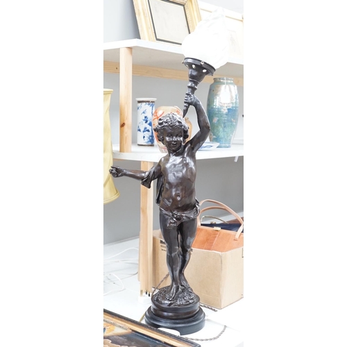 1319 - A bronzed composition cherub table lamp with frosted glass shade  Height 88 cm.