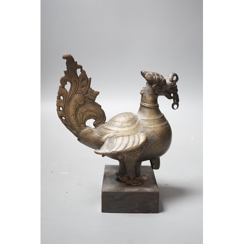 1489 - A 19th century Indian engraved bronze bird on plinth, 14.5cm wide