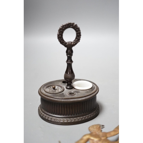 1491 - A 19th century French bronze combination inkwell and pounce pot, and an ormolu figural mount, inksta... 