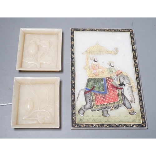 1493 - An Indian painted alabaster plaque and a pair of alabaster dishes, plaque 15cms high