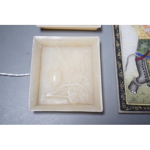 1493 - An Indian painted alabaster plaque and a pair of alabaster dishes, plaque 15cms high