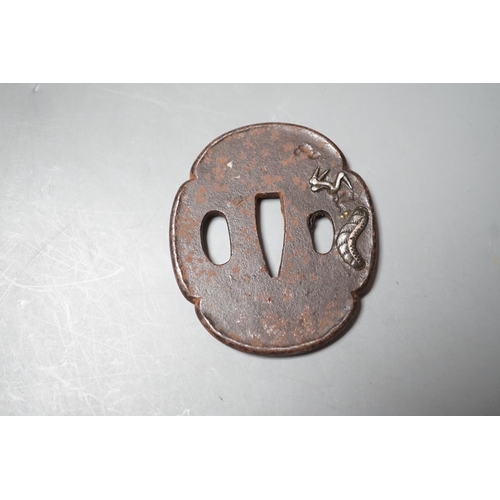 1496 - A Japanese Meiji silver and gold overlaid iron tsuba, 6.5cm high