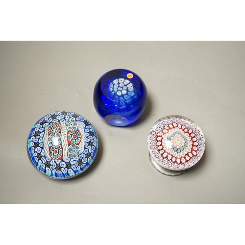 1497 - Three millefiori glass paperweights, largest 8cm diameter