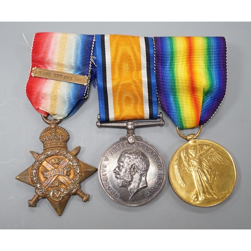 1499 - A WWI Mons star (with later bar) trio to 6346 PTE. H. SMYTH 8/HRS.