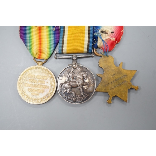 1503 - A WWI Mons star (with rosette) trio to 639 PTE. J.E. ROBINSON 1/NORTH . D.FUS