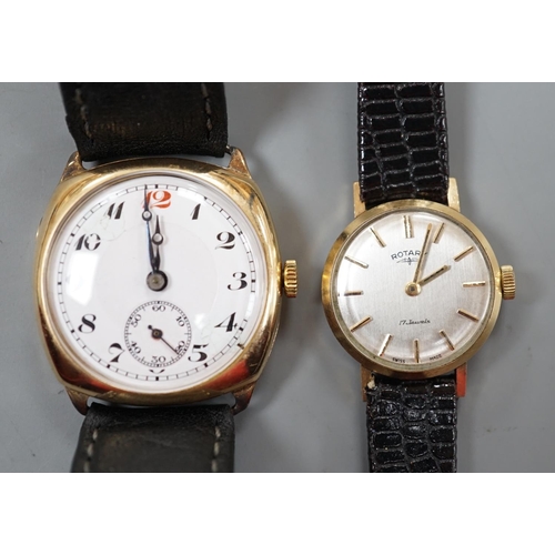 1889 - A gentleman's 1930's 9ct gold manual wind wrist watch, with Arabic dial and subsidiary seconds, toge... 