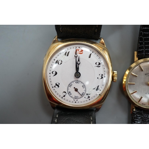 1889 - A gentleman's 1930's 9ct gold manual wind wrist watch, with Arabic dial and subsidiary seconds, toge... 