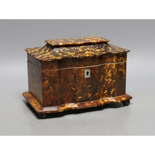 1294 - A 19th century tortoiseshell veneered tea caddy, ivory veneered edging, 20cms wide Ivory submission ... 