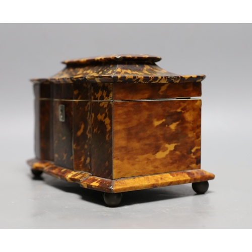 1294 - A 19th century tortoiseshell veneered tea caddy, ivory veneered edging, 20cms wide Ivory submission ... 