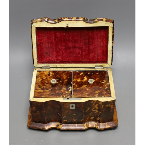 1294 - A 19th century tortoiseshell veneered tea caddy, ivory veneered edging, 20cms wide Ivory submission ... 