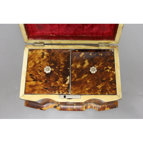 1294 - A 19th century tortoiseshell veneered tea caddy, ivory veneered edging, 20cms wide Ivory submission ... 