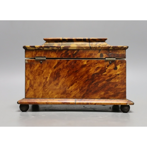 1294 - A 19th century tortoiseshell veneered tea caddy, ivory veneered edging, 20cms wide Ivory submission ... 